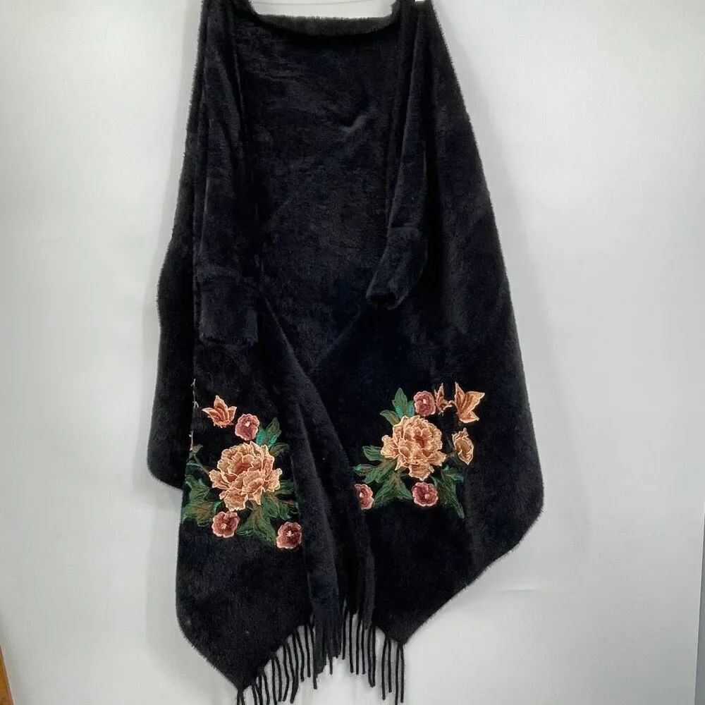Black Fringed Embroidered Floral Open Cardigan Kimono Sweater One Size